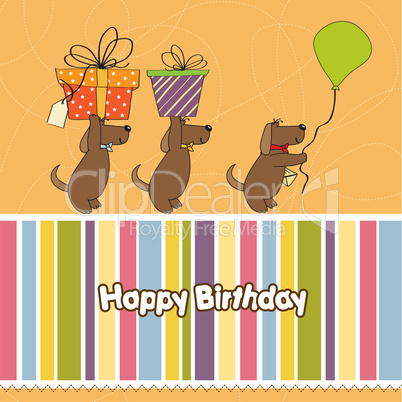 three dogs that offer a big gift. birthday greeting card