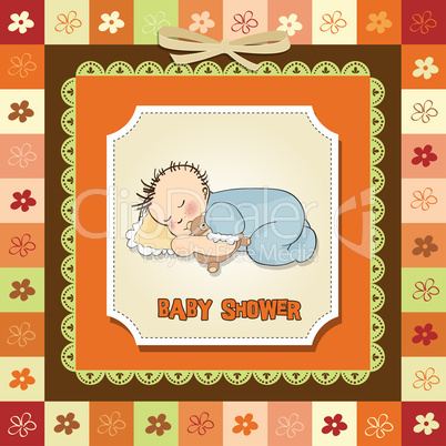 baby shower card with little baby boy sleep with his teddy bear