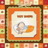 baby shower card with little baby boy sleep with his teddy bear