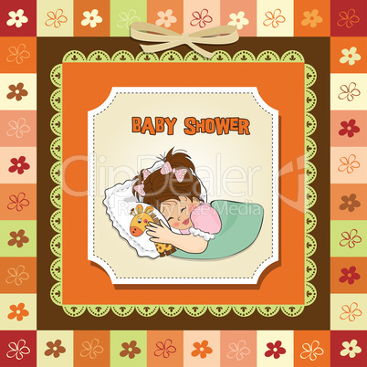 baby shower card with little girl and her toy