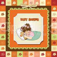 baby shower card with little girl and her toy