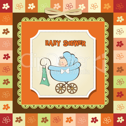 baby boy announcement card with baby and pram