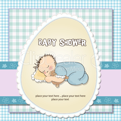 baby shower card with little baby boy sleep with his teddy bear