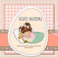 baby shower card with little girl and her toy