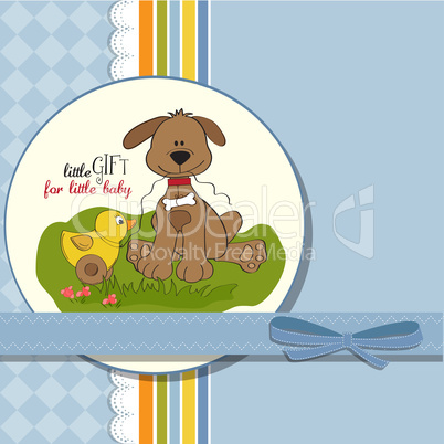 baby shower card with dog and duck toy