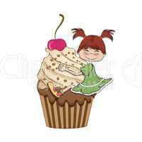 birthday card with funny girl perched on cupcake