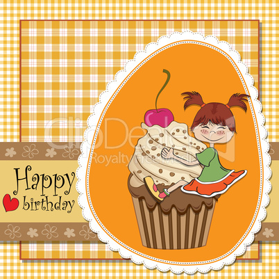 birthday card with funny girl perched on cupcake