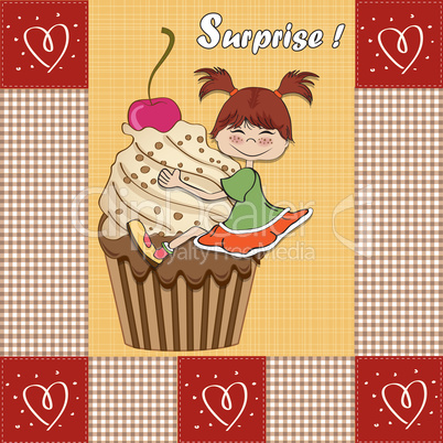 birthday card with funny girl perched on cupcake