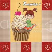 birthday card with funny girl perched on cupcake