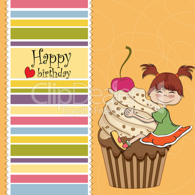 birthday card with funny girl perched on cupcake