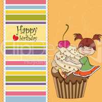 birthday card with funny girl perched on cupcake