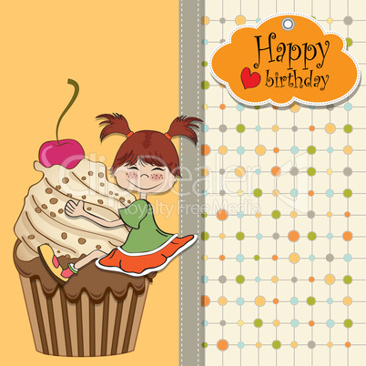 birthday card with funny girl perched on cupcake