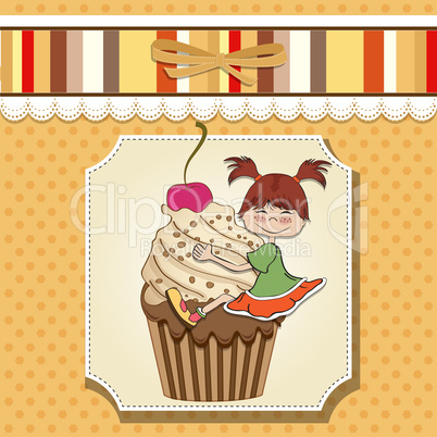 birthday card with funny girl perched on cupcake