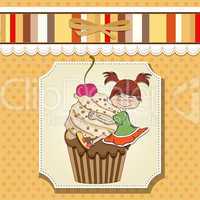 birthday card with funny girl perched on cupcake