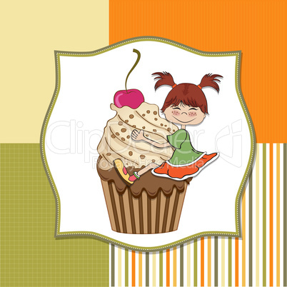 birthday card with funny girl perched on cupcake