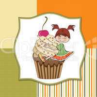 birthday card with funny girl perched on cupcake