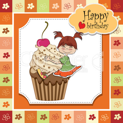 birthday card with funny girl perched on cupcake