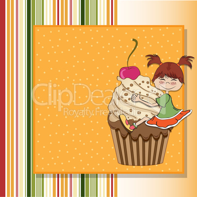 birthday card with funny girl perched on cupcake