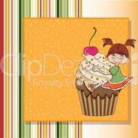 birthday card with funny girl perched on cupcake