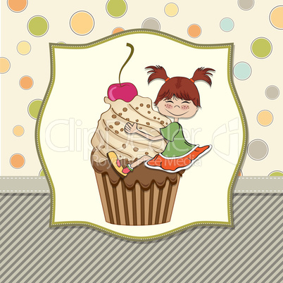 birthday card with funny girl perched on cupcake