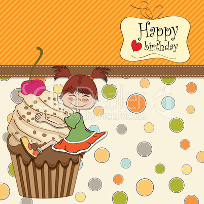 birthday card with funny girl perched on cupcake