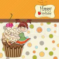 birthday card with funny girl perched on cupcake