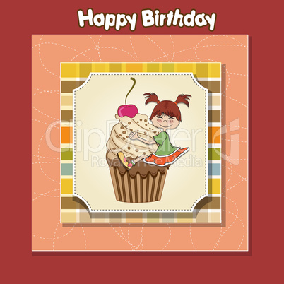 birthday card with funny girl perched on cupcake