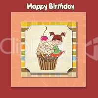 birthday card with funny girl perched on cupcake