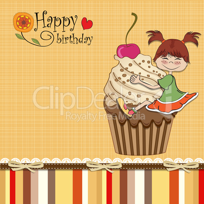 birthday card with funny girl perched on cupcake