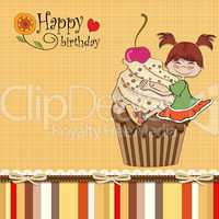 birthday card with funny girl perched on cupcake