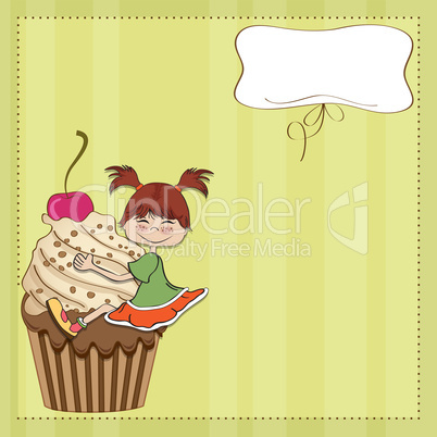 birthday card with funny girl perched on cupcake