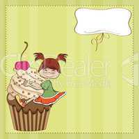 birthday card with funny girl perched on cupcake