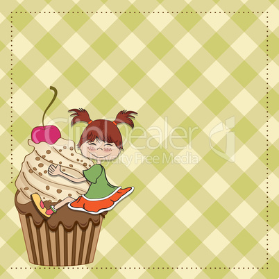 birthday card with funny girl perched on cupcake