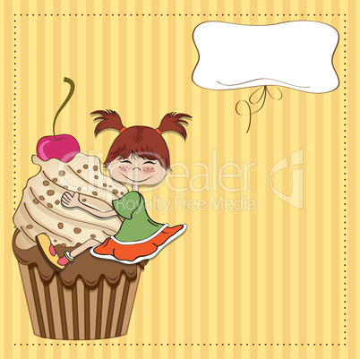 birthday card with funny girl perched on cupcake