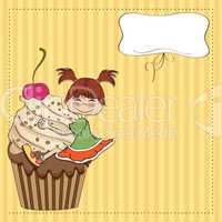 birthday card with funny girl perched on cupcake