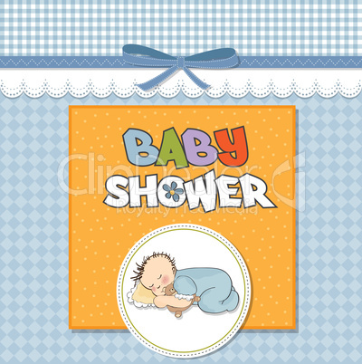 baby shower card with little baby boy sleep with his teddy bear