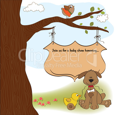 baby shower card with dog and duck toy