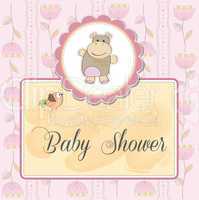 childish baby shower card with hippo toy