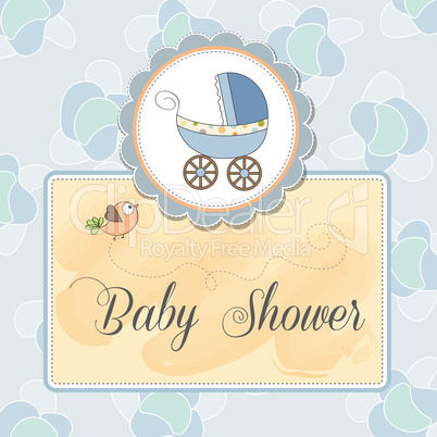 baby boy announcement card with baby and pram