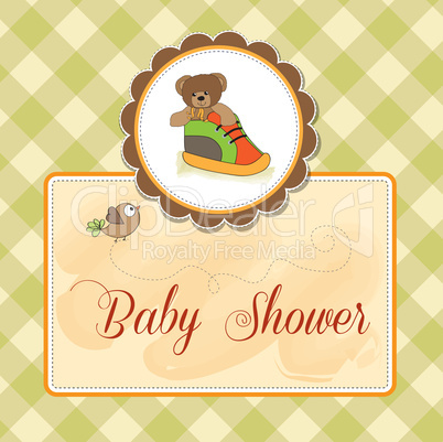 baby shower card with teddy bear hidden in a shoe