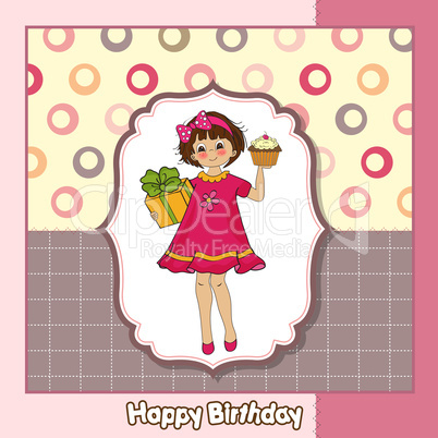 birthday greeting card with girl and big cupcake