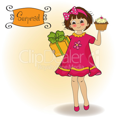 birthday greeting card with girl and big cupcake