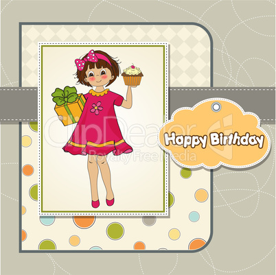 birthday greeting card with girl and big cupcake