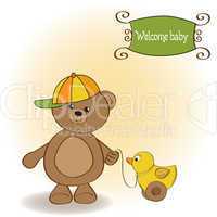 welcome baby card with boy teddy bear and his duck