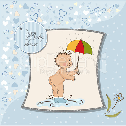 baby boy shower card with funny baby under his umbrella