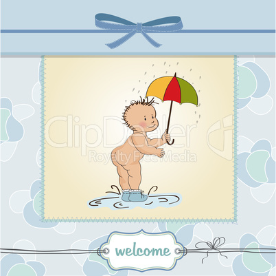 baby boy shower card with funny baby under his umbrella