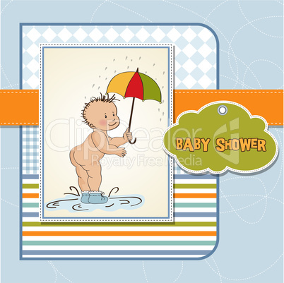 baby boy shower card with funny baby under his umbrella