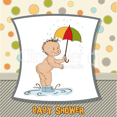 baby boy shower card with funny baby under his umbrella