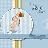 baby boy shower card with funny baby under his umbrella