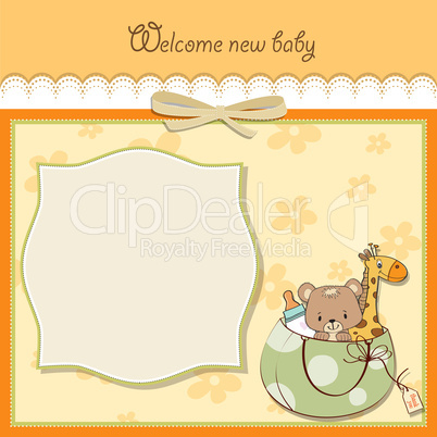 new baby announcement card with bag and same toys